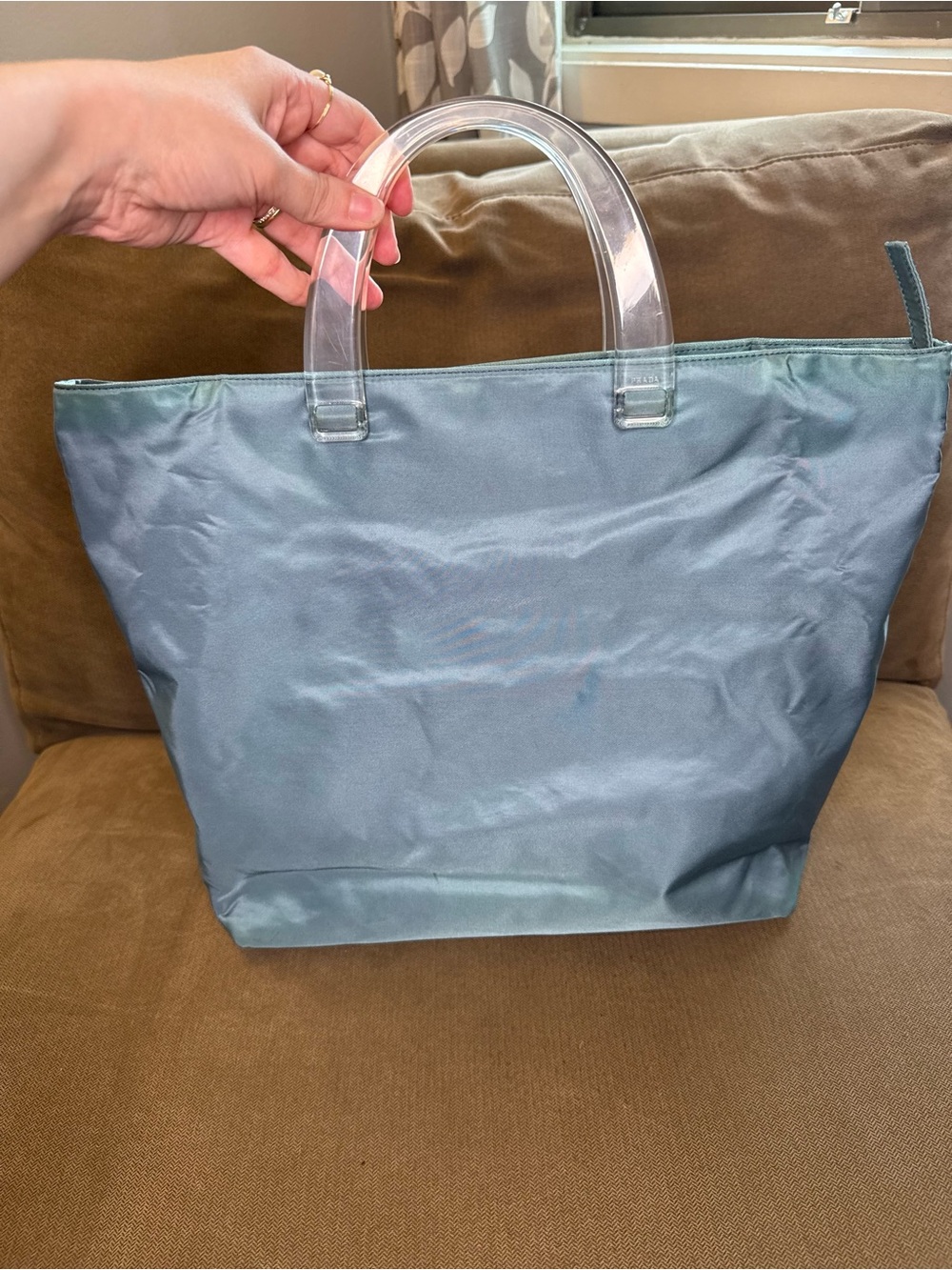 Prada Light Blue Nylon Tote with Clear Acrylic Handles - Picture 2 of 11